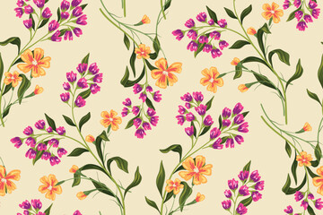 Seamless floral pattern, abstract ditsy print with vintage wildflowers branches. Elegant botanical design: hand drawn small flowers, branches, large leaves on a light background. Vector illustration.
