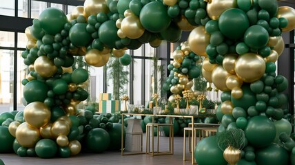 Wedding arch decorated with green and golden balloons. Wedding decor