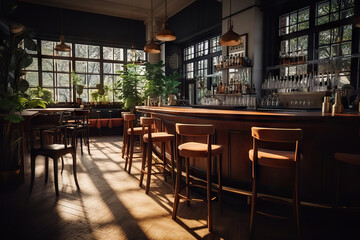 Captivating Interiors of a Modern Vintage Café Bar with a View of Lush Greenery Outside. created with Generative AI