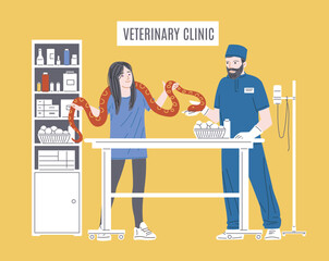 Woman with red snake in the veterinarian clinic at consultation, vector pet reptile animal care, prevention, treatment