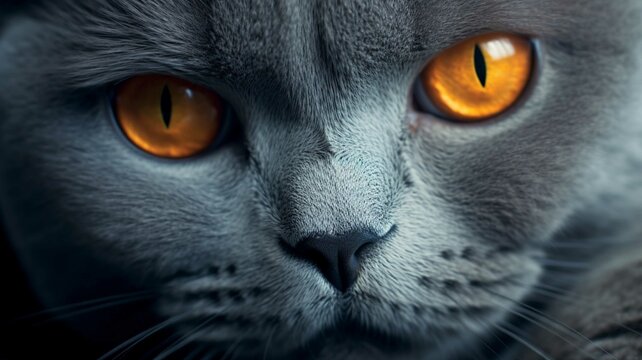 Portrait of a blue british shorthair cat with yellow eyes