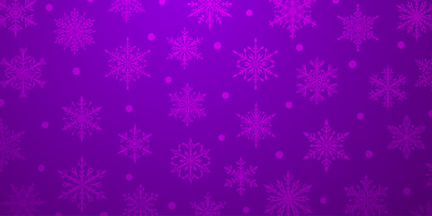Fototapeta na wymiar Christmas background of beautiful complex snowflakes in purple colors. Winter illustration with falling snow