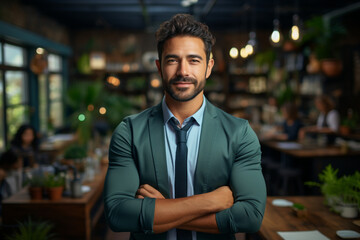 Fototapeta premium Handsome indian male office employee standing with his arms crossed, looking at the camera and laughs made with AI