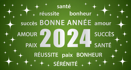 Bonne année 2024 ! Carte de vœux en français. Bannière vectorielle vert et argent. - obrazy, fototapety, plakaty
