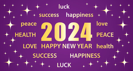 2024 Happy New Year. Purple and gold greeting card with best wishes. Illustration vector banner.