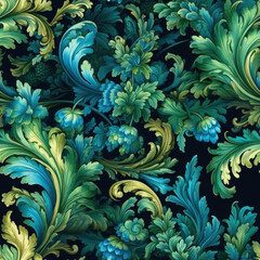 Opulent Rococo motifs and Grand gestures in vibrant color seamless pattern, AI Generated