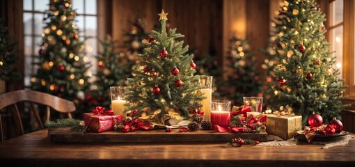Fototapeta na wymiar A bright light illuminates a joyful Christmas scene with a wooden table and a tree filled with presents.christmas celebration