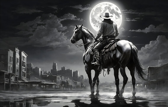 Cowboy man on horse with full moon in night with buildings