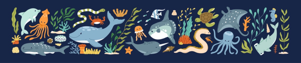 Cute sea animals set. Ocean fishes, algae, underwater plants. Happy marine fauna characters, narwhal, dolphin, jellyfish, octopus. Kawaii undersea mammals. Isolated flat graphic vector illustrations