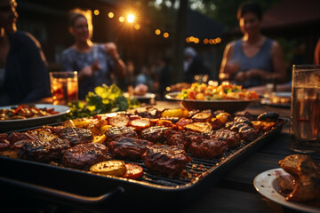 Naklejka premium labour day celebration with meat on the barbecue and group of friends made with AI