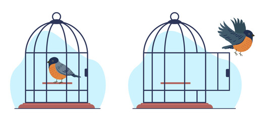 Concept of captivity and freedom, bird sits in cage and bird flies out of cage. Mental health issues, rehabilitation, taking new opportunities metaphor. Vector cartoon flat isolated illustration