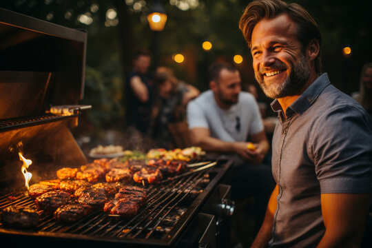 labour day celebration with meat on the barbecue and group of friends made with AI