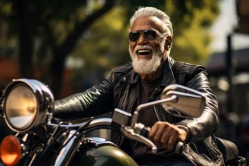Foto auf Acrylglas A senior hipster, aged around 72, wearing a vintage leather motorcycle jacket and aviator sunglasses, straddling a retro motorcycle in an urban environment. Generative Ai © bluebeat76