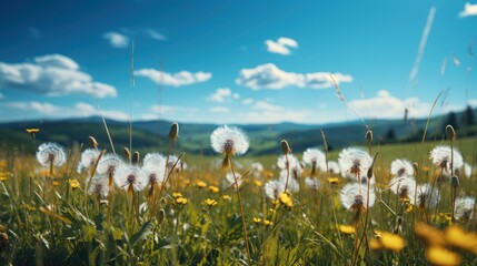 Obraz premium Beautiful meadow field with yellow dandelion flowers, blue sky and charming clouds with blur conditions in summer