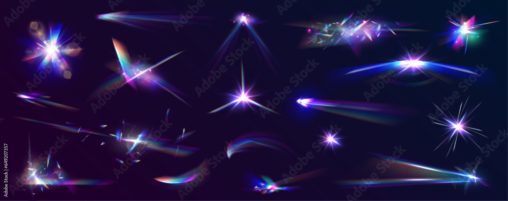 Wall mural a big set of light effects of abstract refractive glow and glare with rainbow colors. transparent re