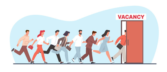 Crowd of people rush to open position at staffing agency. Running men and women in door with banner vacancy. Company hiring. Recruitment service. Cartoon flat isolated vector concept