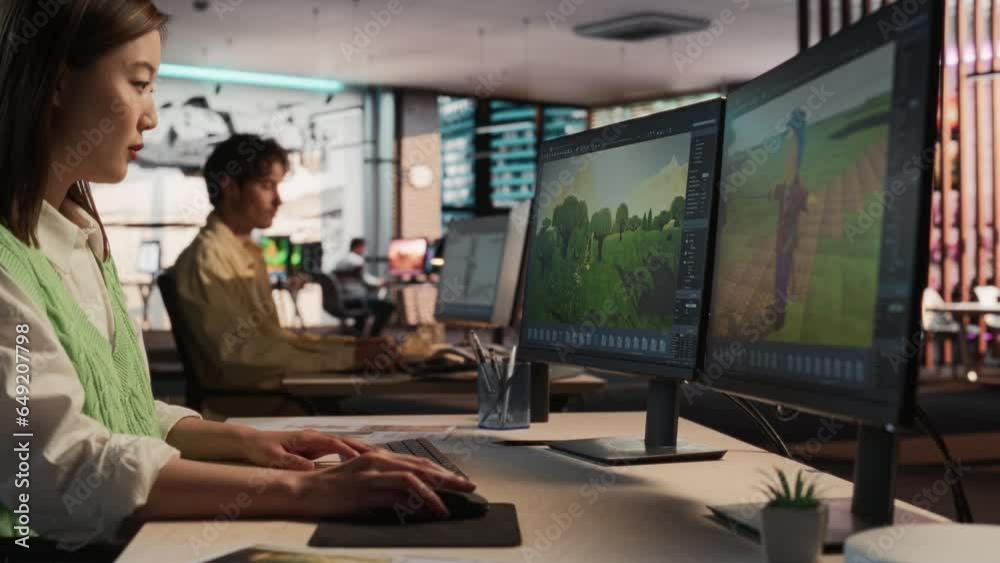 Poster Asian Woman Using Desktop Computer And Designing In 3D modelling Software Unique World And Characters For Survival Video Game In Diverse Office. Female Game Developer Creating Immersive Gameplay.