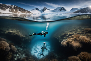 Foto einer Robbe und eines Tauchers in der Arktis. Abbildung zur Hälfte über und zur anderen Hälfte unter Wasser. Durch den Klimawandel bedrohte Natur. - obrazy, fototapety, plakaty