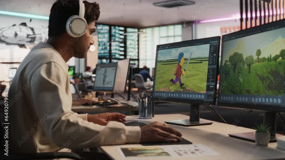 Aufkleber Indian Male Game Designer Using Desktop Computer With 3D modelling Software To Design Unique Characters And World For Immersive RPG Video Game. Man Working In Game Development Company Diverse Office.