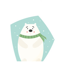 Cute white polar bear under snow wearing knitted scarf and smiling. Vector flat illustration isolated on white background. Ready for greeting cards, print