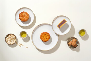 On the white background, round ceramic dishes containing mooncakes, pumpkin seeds and walnuts decorated. Creative layout for advertising mooncake product. Modern style