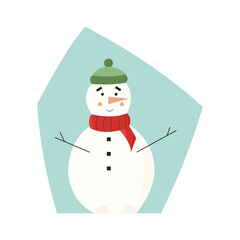 Cute white snowman wearing knitted scarf and hat and smiling. Vector flat illustration isolated on white background. Ready for greeting cards, print