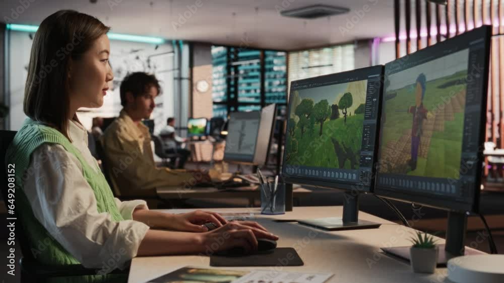 Poster Female Asian Game Designer Using Desktop Computer, Designing Unique World And Characters In 3D modelling Software For Survival Video Game. Woman Working In Diverse Game Development Studio Office.