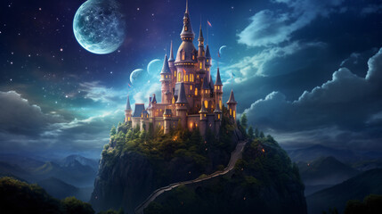 Tower of fairytale castle at night with moon and stars
