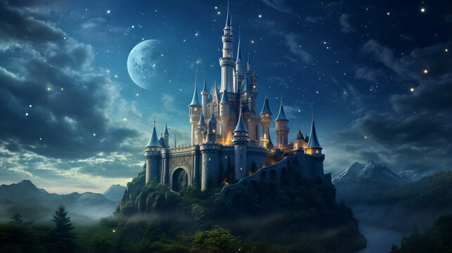 Tower of fairytale castle at night with moon and stars