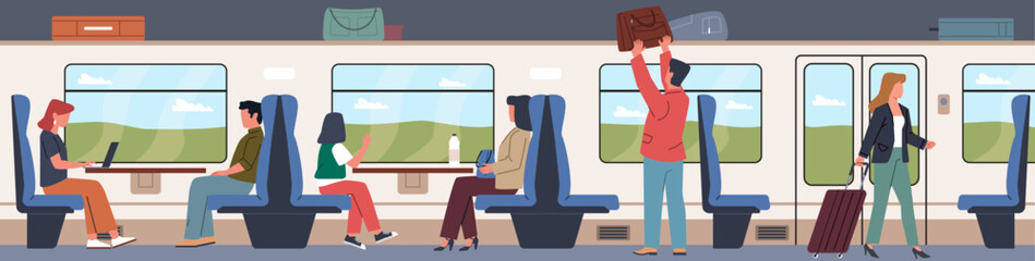 Train passengers people. Long distance public intercity transport, comfortable journey, luggage space, padded seats. Indoor cabin. Cartoon flat isolated illustration, nowaday vector concept
