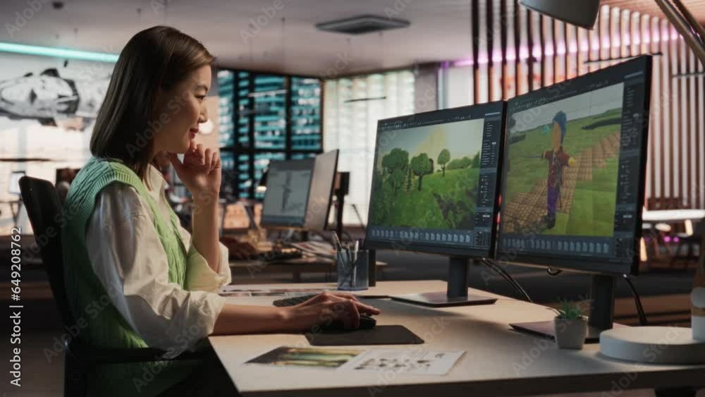 Leinwandbilder Female Asian Game Designer Using Desktop Computer, Designing Unique World And Characters In 3D modelling Software For RPG Video Game. Woman Working In Diverse Game Development Studio Office.