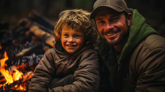 Poignant moment of father and son hunters joyfully kindling campfire in forest after successful hunt - a perfect depiction of bonding, tradition and adventure.