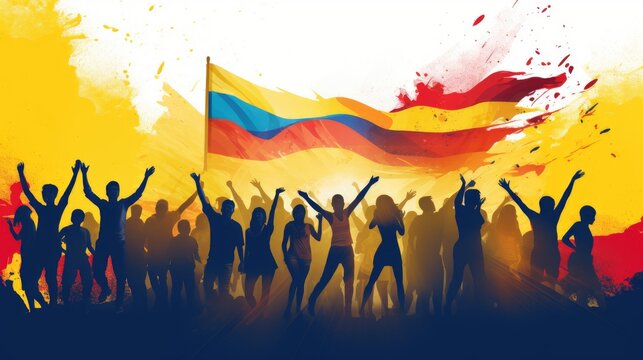 Illustration of festive silhouettes of Colombians against the background of the Colombian flag