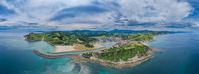 Zumaia at Itzurun in the Costa Verde Spain - Aerial view of the beautiful village and beaches of northern Spain