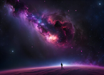Fototapeta na wymiar Man facing endless universe with sparkling stars, galaxies, and nebulas in outer space. Amazing Cosmos Background. Digital illustration. CG Artwork Background