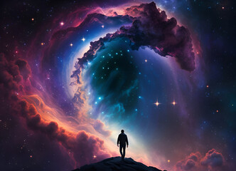 Fototapeta premium Man facing endless universe with sparkling stars, galaxies, and nebulas in outer space. Amazing Cosmos Background. Digital illustration. CG Artwork Background