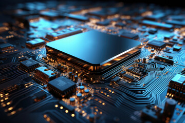 Computer board with processor for artificial intelligence computing, close up - obrazy, fototapety, plakaty