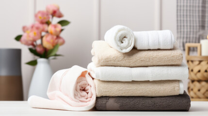 Fototapeta na wymiar Clean color towels in bathroom. Modern interior