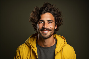 Fototapeta premium Portrait of a happy young casual man standing in front of a monocolor studio background made with AI