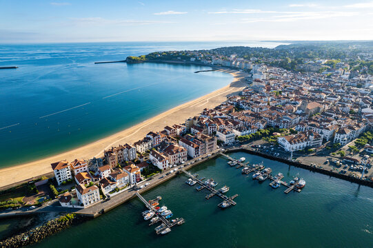 Aerial fly over above the french village of  Saint-Jean-de-Luz during summer	