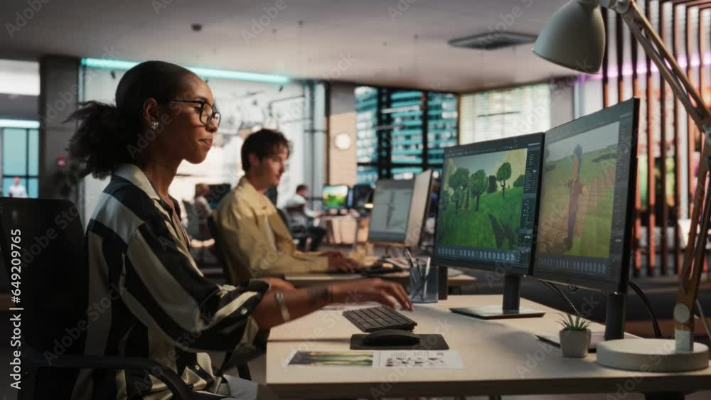 Poster Female Black Game Developer Using Desktop Computer, Designing Unique World And Characters In 3D modelling Software For Adventure Video Game. African Woman Working In Diverse Game Design Studio Office.