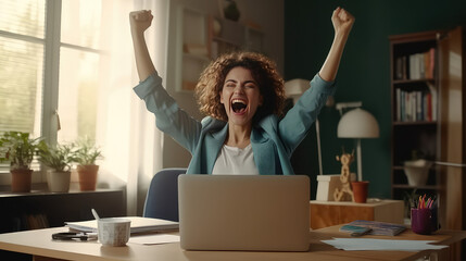 Happy business woman freelancer smiling and rejoices in victory, sitting at home office working desk with laptop after success in work. 