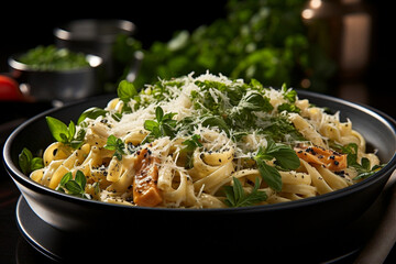 Healthy vegetarian Italian dinner featuring perfectly cooked pasta, adorned with a flavorful vegetable sauce. A delicious and nutritious meal to delight the palate