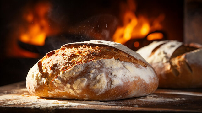 loaf of bread on the table right out of the oven, food photography style, bakery advertisement, artisan bread