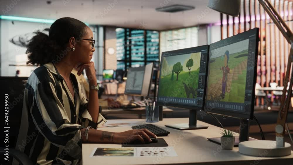 Aufkleber Female Black Game Developer Using Desktop Computer, Designing Unique World And Characters In 3D modelling Software For Survival Video Game. African Woman Working In Diverse Game Design Studio Office.