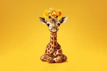 Zelfklevend Fotobehang adorable giraffe with flower crown on yellow background. Generative Ai © Alexandra