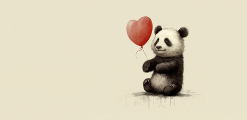 panda holding a balloon heart, card for Valentine's Day, panoramic layout. Generative Ai