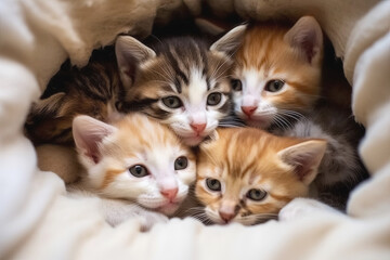Group kittens sitting on cat towel. Generative Ai
