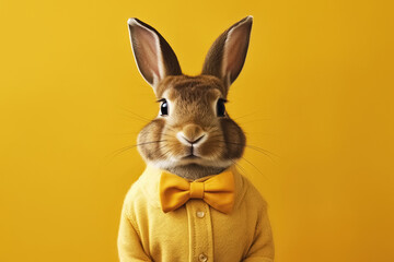 rabbit with a bow on yellow background. Generative Ai