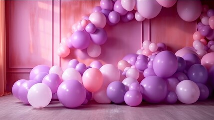 Wedding arch decorated with purple and golden balloons. Wedding decor